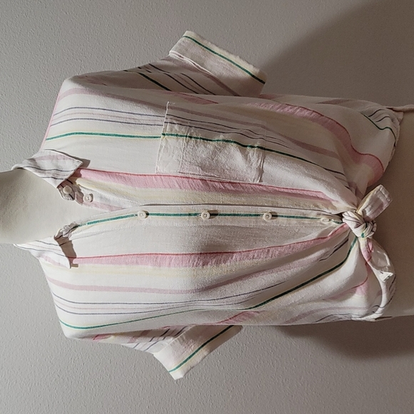 Madewell Tops - MADEWELL WHITE LINEN SHORT SLEEVE BUTTON DOWN TOP WOMENS  COLLAR STRIPE SHIRT XS